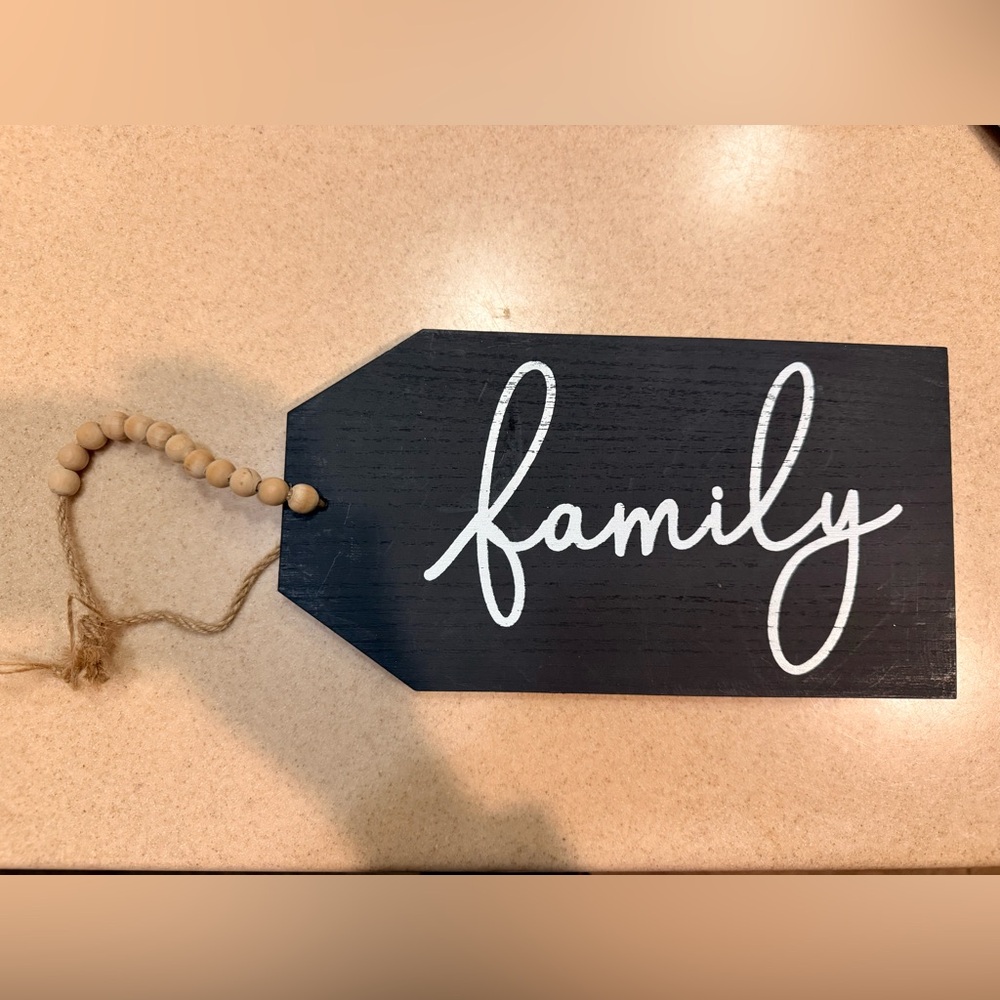 Wooden "Family" Sign with Wood Beads- Black